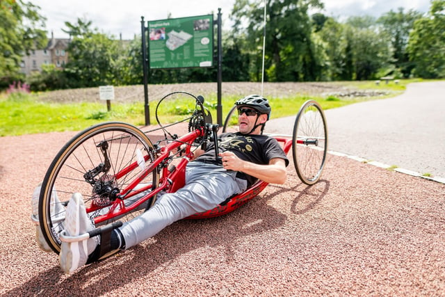 Saughton Park's good-sized skate park is very popular with cyclists as well as skateboarders, with some coming from miles away to challenge themselves. Handcyclists like this gentleman pictured can also enjoy the park, which itself is part of the Water of Leith cycle path.