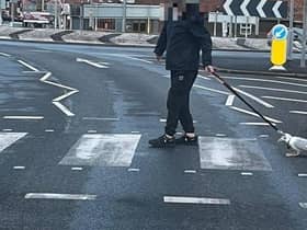 The man was seen walking the gull with a dog lead in Bispham on Monday, April 10. Pic credit: Alexander Faulkner