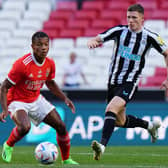 Elliot Anderson in action for Newcastle United against against David Neres of Benfica during the Eusebio Cup match in Lisbon. Picture: Gualter Fatia/Getty