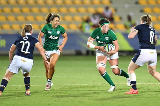 Sarah Law (left) in aaction during Scotland's dramatic win over Ireland in Parma  (Photo by Alessandro Sabattini - World Rugby/World Rugby via Getty Images)