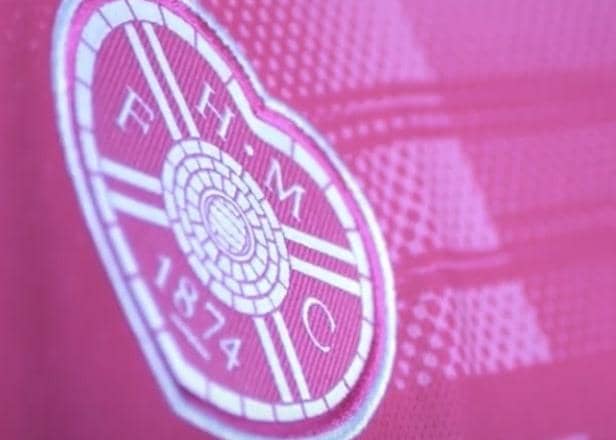 The Hearts badge on the new pink away kit. Picture: HMFC
