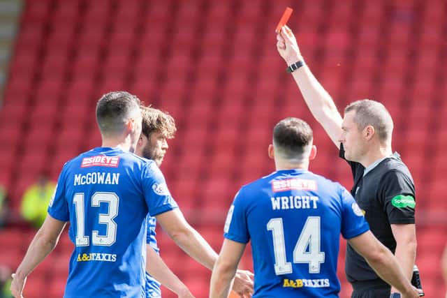Murray Davidson, second left, is sent off by referee Euan Anderson
