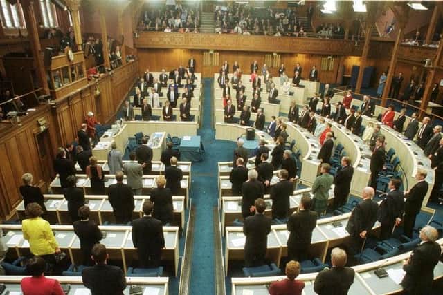 MSPs on the opening day of the Scottish Parliament in 1999 at the General Assembly Hall