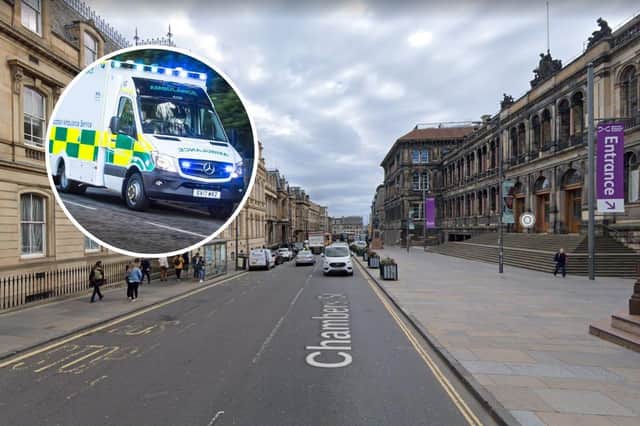 A woman was taken to hospital with serious injuries after being hit by a bus on Chambers Street in Edinburgh.