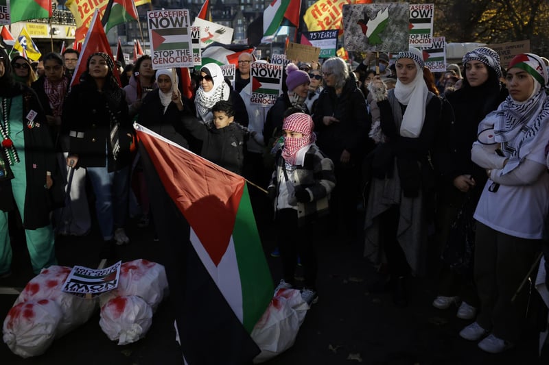 Crowds gathered across the UK to demand a ceasefire in the Israel-Hamas war. Campaigners rejected any suggestion that they would disrupt Armistice services.
