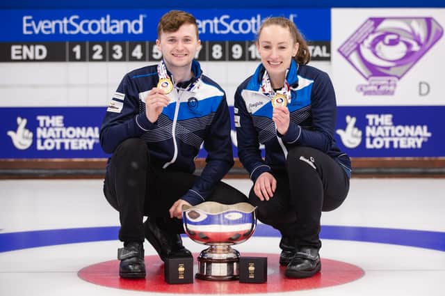 Bruce Mouat and Jen Dodds celebrate their victory for Scotland at World Mixed Doubles Curling Championship in Aberdeen. Picture: Celine Stucki/WCF