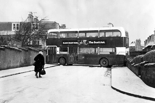 A Lothian bus skidded in the snow and completely blocked Morningside Grove in Edinburgh during the winter of 1978/79.