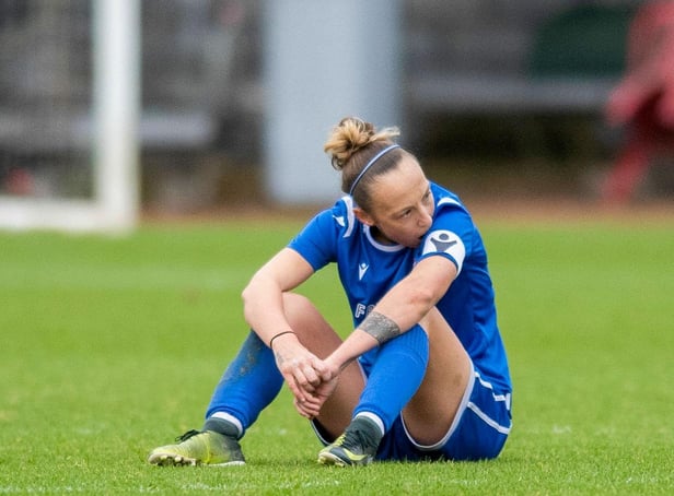 STRILING, SCOTLAND - NOVEMBER 14: Spartans Alana Marshall despairs at full-time during a SWPL Cup semi final match between Glasgow City and Spartans at Forthbank Stadium, on November 14, 2021, in Stirling, Scotland.  (Photo by Mark Scates / SNS Group)