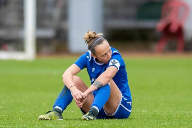 STRILING, SCOTLAND - NOVEMBER 14: Spartans Alana Marshall despairs at full-time during a SWPL Cup semi final match between Glasgow City and Spartans at Forthbank Stadium, on November 14, 2021, in Stirling, Scotland.  (Photo by Mark Scates / SNS Group)
