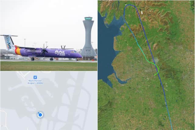 The Birmingham-Edinburgh Flybe flight was diverted to Manchester without passengers knowing. Pic: FlightRadar/Google Maps