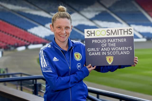 Leanne Ross, assistant coach of the Scotland Women’s National Team, is working through her coaching badges, and praises the support of Shoosmiths. Picture: Craig Williamson/SNS Group.