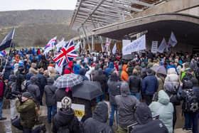 Protestors against the new Hate Crime Act in Soctland gathered outside the Scottish Parliament in a rally organised by The Glasgow Cabbie aka Stef Shaw and The Scottish Family Party. Picture: Lisa Ferguson