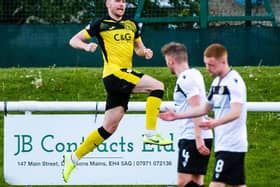 Ryan McGeever celebrates his goal to equalise for Dumbarton during a Scottish League One play-off  final first leg match between Edinburgh City and Dumbarton at Ainslie Park, on May 17, 2021, in Edinburgh, Scotland. (Photo by Euan Cherry / SNS Group)