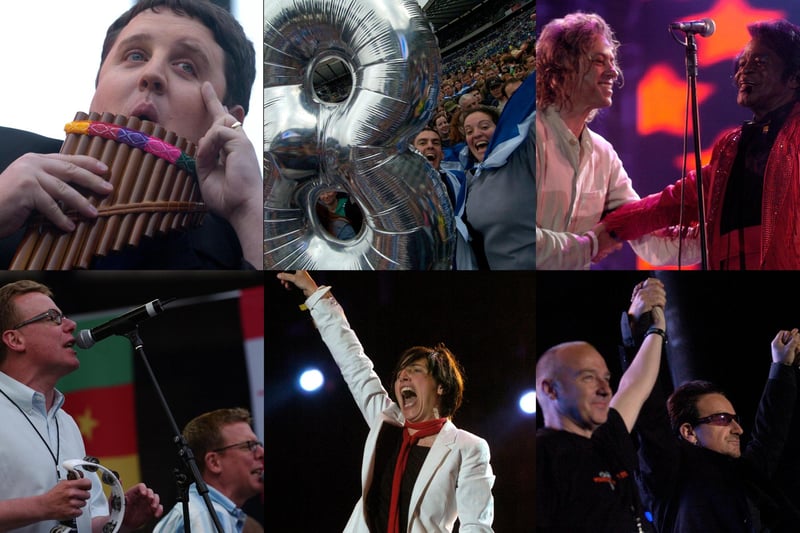 Edinburgh 50,000 – The Final Push was part of the series of Live 8 concerts held around the world in 2005 designed to encourage the leaders congregating at the G8 summit in Gleneagles, Scotland, to consider the plight of those in absolute poverty. Pictured at the event, clockwise from top left, are Peter Kay, Bob Geldof and James Brown, The Proclaimers, Texas singer Sharleen Spiteri and Bono and Midge Ure.