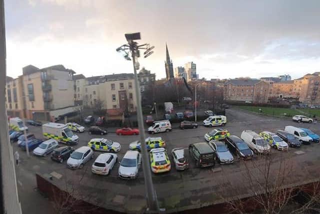 The scene outside Cables Wynd House in Leith this evening. Pic: contributed.