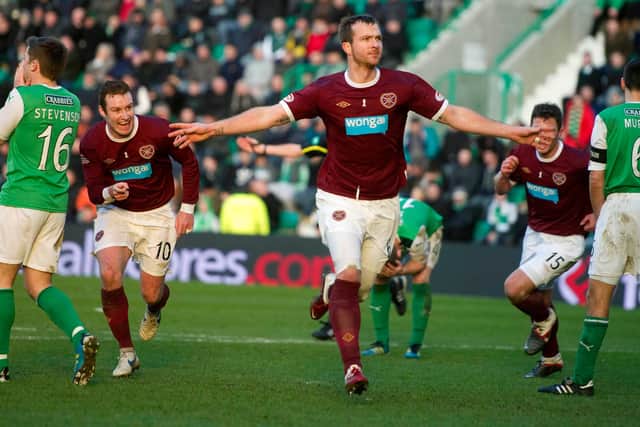 Fond memories: Andy Webster celebrates after scoring in a 3-1 victory over Hibs at Easter Road