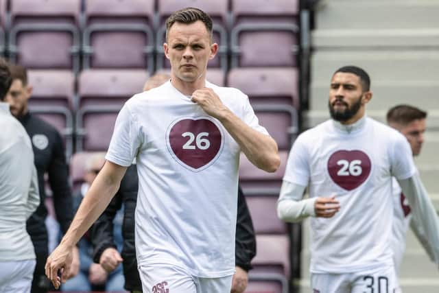 Hearts striker Lawrence Shankland and his teammates wore T-shirts pre-match to support research into MND