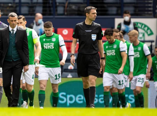 Hibs manager Jack Ross leads out his side during the Scottish Cup final.