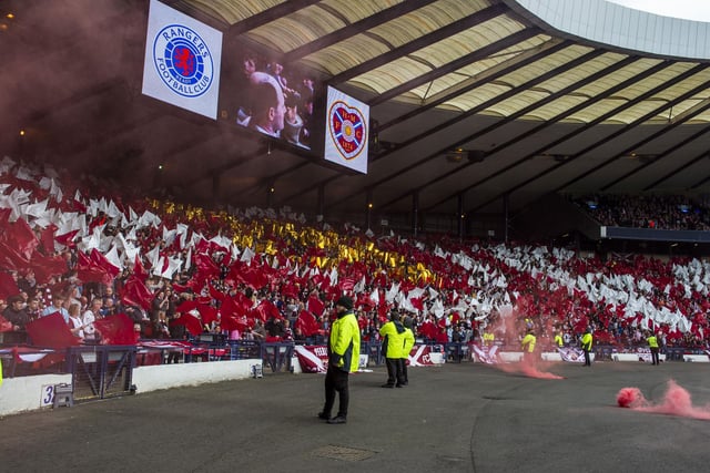 Hearts fans at Hampden putting on a display ahead of the Scottish Cup Final. Picture; Lisa Ferguson