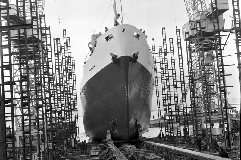 The Sangro is launched at Henry Robb's shipyard at Leith in March 1968.