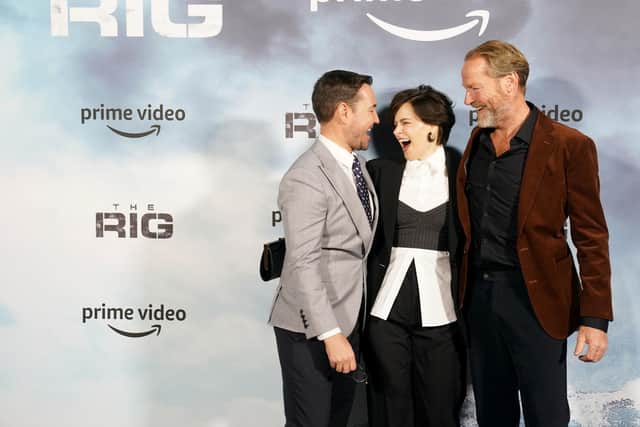 (left to right) Martin Compston, Emily Hampshire and Iain Glen arrive at The Rig world premiere at Everyman Edinburgh. Photo: Jane Barlow/PA Wire