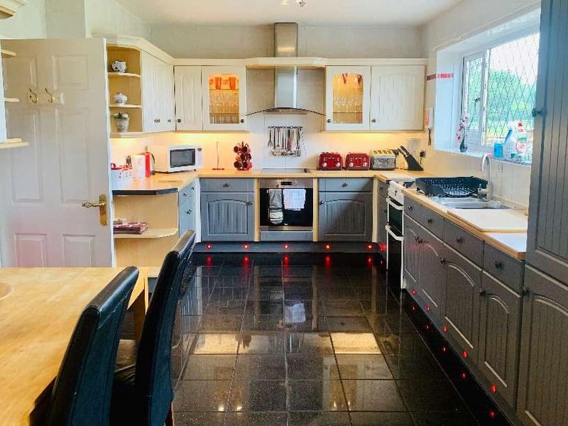 The large, well-equipped kitchen.