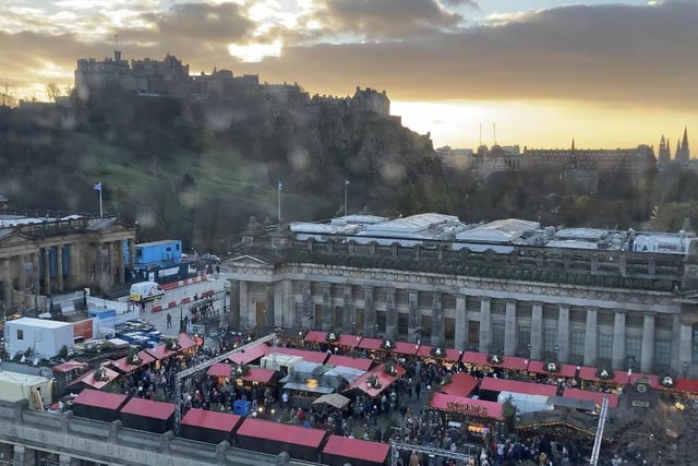 The stunning view of the markets and Edinburgh castle at sunset from the top of the big wheel.