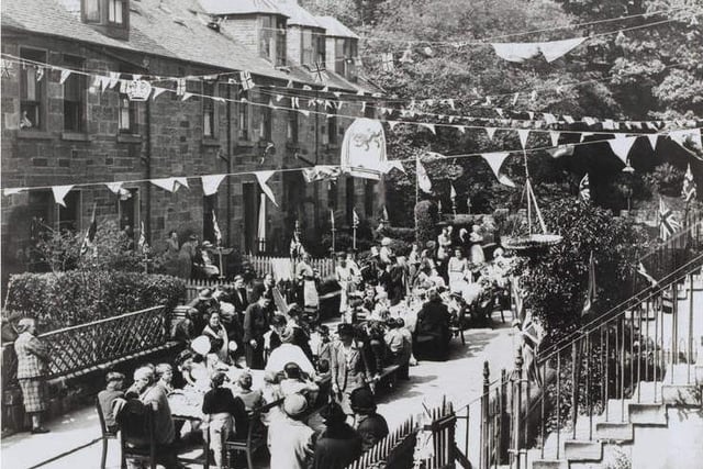 A street party marks VE Day at the colonies housing in Stockbridge, May 1945.