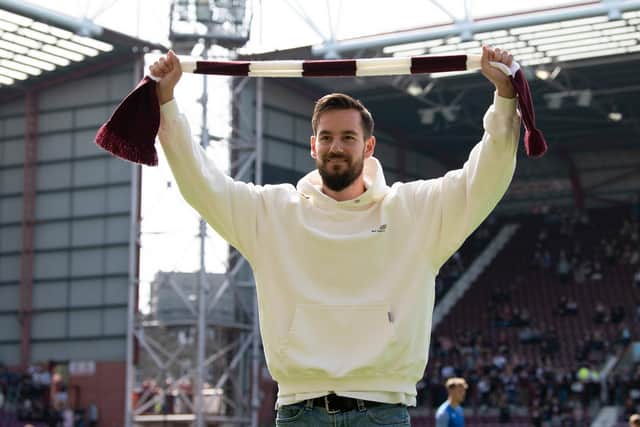 Orestis Kiomourtzoglou pictured as he was unveiled to the Hearts fans for the first time during the half-time break against St Johnstone in late August. Picture: SNS