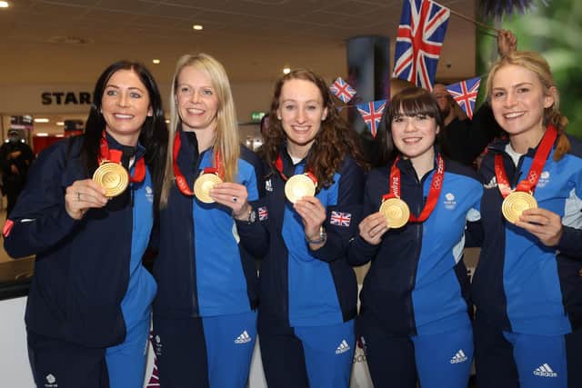 Great Britain curling Gold medalists Eve Muirhead (L) has received an OBE while team-mates Vicky Wright, Jennifer Dodds, Hailey Duff and Mili Smith were all recognised with an MBE
Pic: Steve Welsh