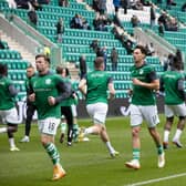 Hibs players warm-up before Sunday's loss to Rangers at Easter Road. Picture: SNS