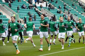 Hibs players warm-up before Sunday's loss to Rangers at Easter Road. Picture: SNS