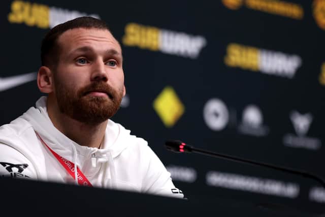 Martin Boyle of Australia speaks during the Australia press conference in Doha. Picture: Christopher Lee/Getty
