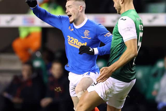 Ryan Kent goes down in the box as Ryan Porteous attempts to stop him, giving Rangers a penalty