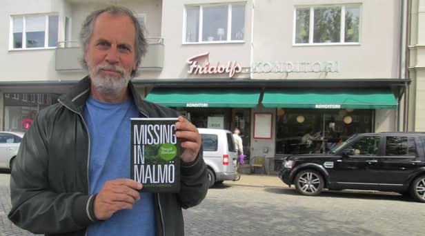 Author Torquil MacLeod outside Fridolfs, Ystad for the launch of the third in the Anita Sundstrom series, Missing in Malmo
