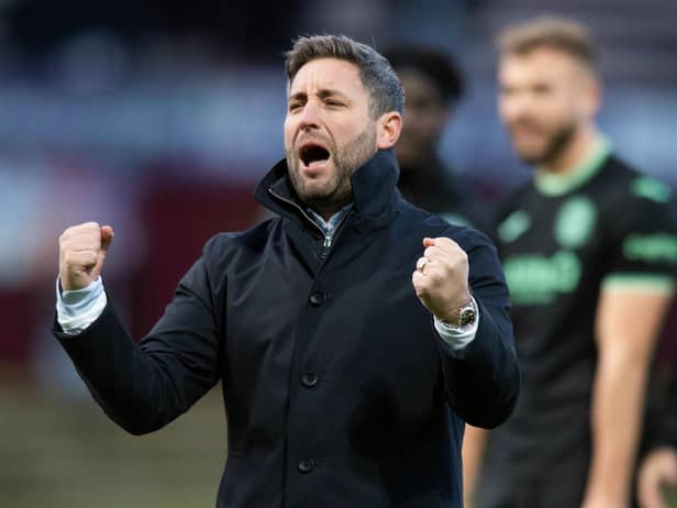 Hibs manager Lee Johnson celebrates at full time. Picture: Mark Scates / SNS