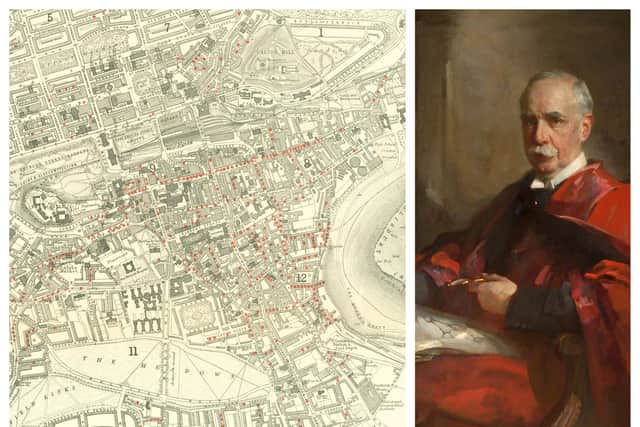 Dr Robert Philip (right) and a section of his groudbreaking map which tracked the first 1,000 TB cases in Edinburgh between 1887 and 1890. PIC: Courtesy of National Library of Scotland/Royal College of Physicians Edinburgh.
