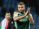 Ryan Porteous applauds the Hibs fans at full time after a 3-2 defeat by Rangers. Picture: Craig Williamson / SNS