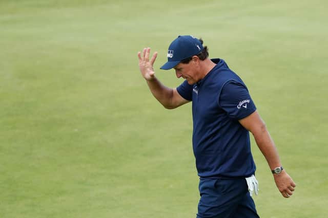 Phil Mickelson acknowledges the crowd as he walks off the 18th green after his opening 80 in Kent. Picture: Oisin Keniry/Getty Images.