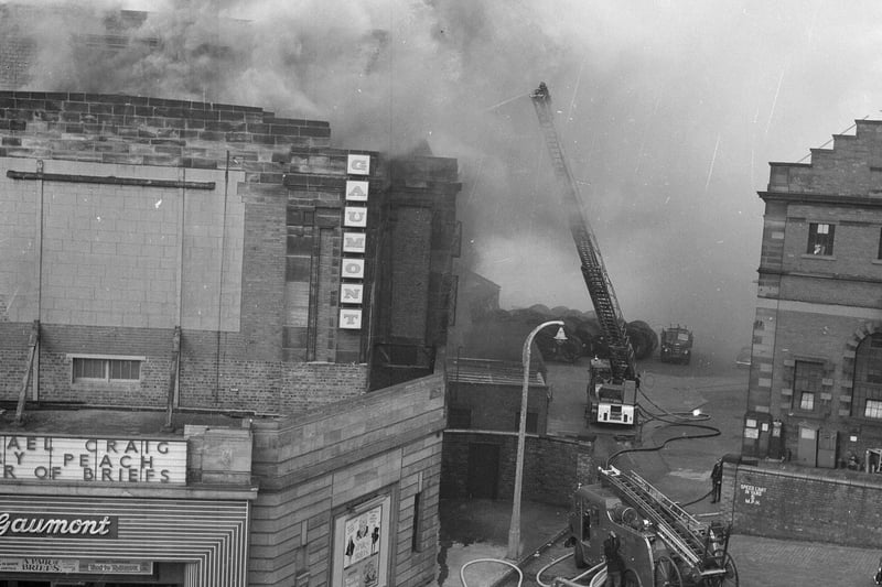 Fire at the Gaumont Cinema in Canning Street Edinburgh in May 1962. Deemed unsafe, the building was later demolished and replaced by a new office block.