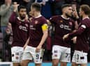 Hearts players celebrate after Josh Ginnelly scored against St Johnstone.