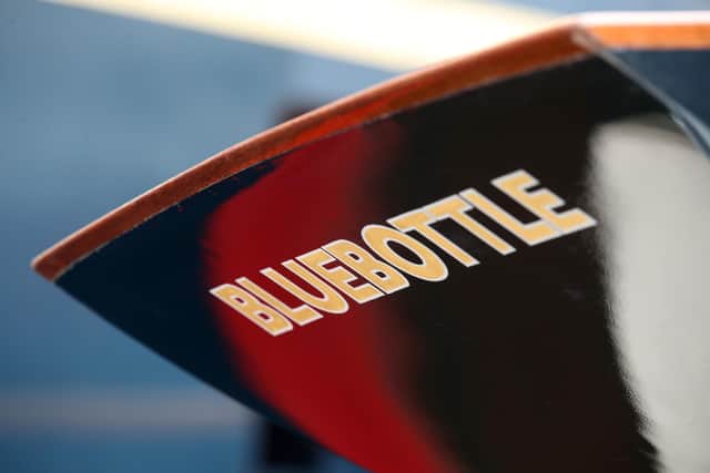 The name Bluebottle on the hull of the royal sailing yacht,  after it joined the historic fleet at the Royal Yacht Britannia's charitable trust in Edinburgh,