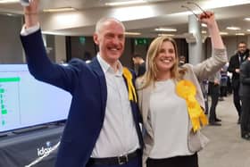 Lib Dem group leader Kevin Lang and the party's candidate Fiona Bennett after the Corstorphine/Murrayfield byelection result was announced