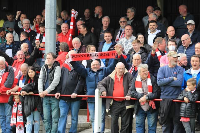 Bonnyrigg Rose fans in the 2202 crowd cheer on their team at New Dundas Park. Picture: Joe Gilhooley LRPS