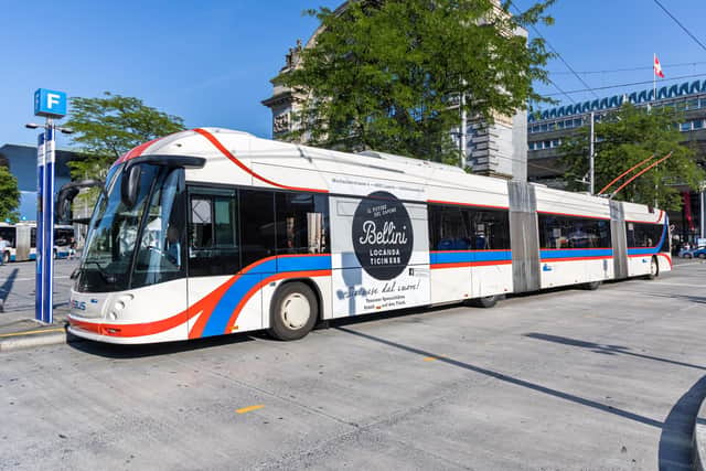 A double-articulated trolleybus in Lucerne, Switzerland