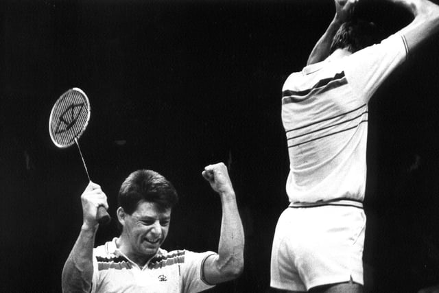 Scottish duo Dan Travers and Billy Gilliland take gold in the men's doubles badminton in the 1986 Edinburgh Games.