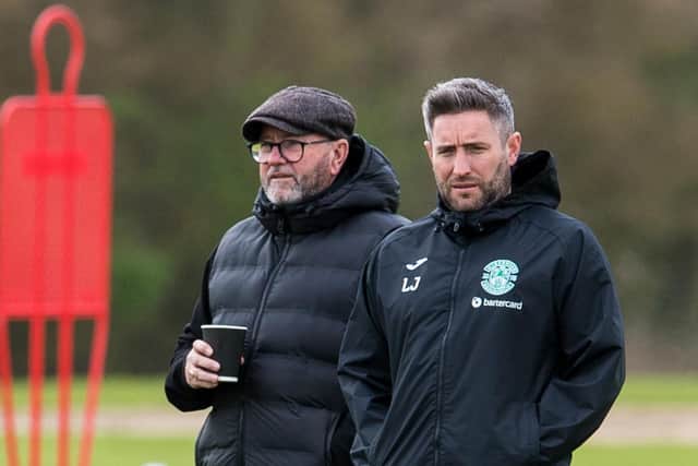 Hibs manager Lee Johnson, right, with father Gary at East Mains