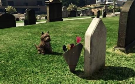 This is our favourite, and frankly the most adorable. In a Los Santos cemetery in GTA V you can find this wee terrier sitting next to a grave....seems pretty familiar to us.