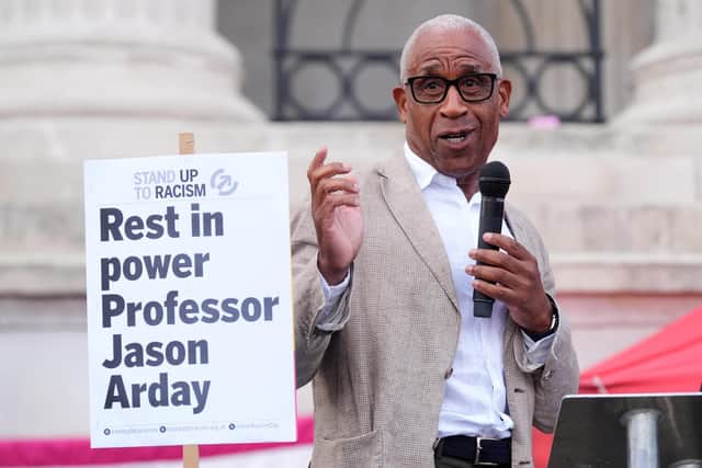 Lord Simon Woolley speaks at a vigil, organised by campaign group Stand Up to Racism, for Professor Jason Arday
