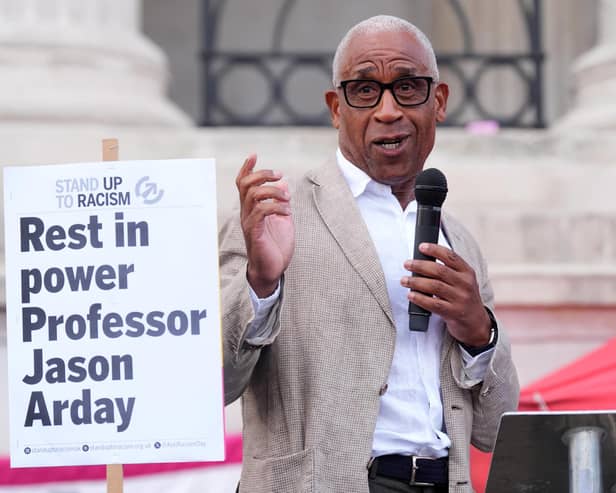Lord Simon Woolley speaks at a vigil, organised by campaign group Stand Up to Racism, for Professor Jason Arday